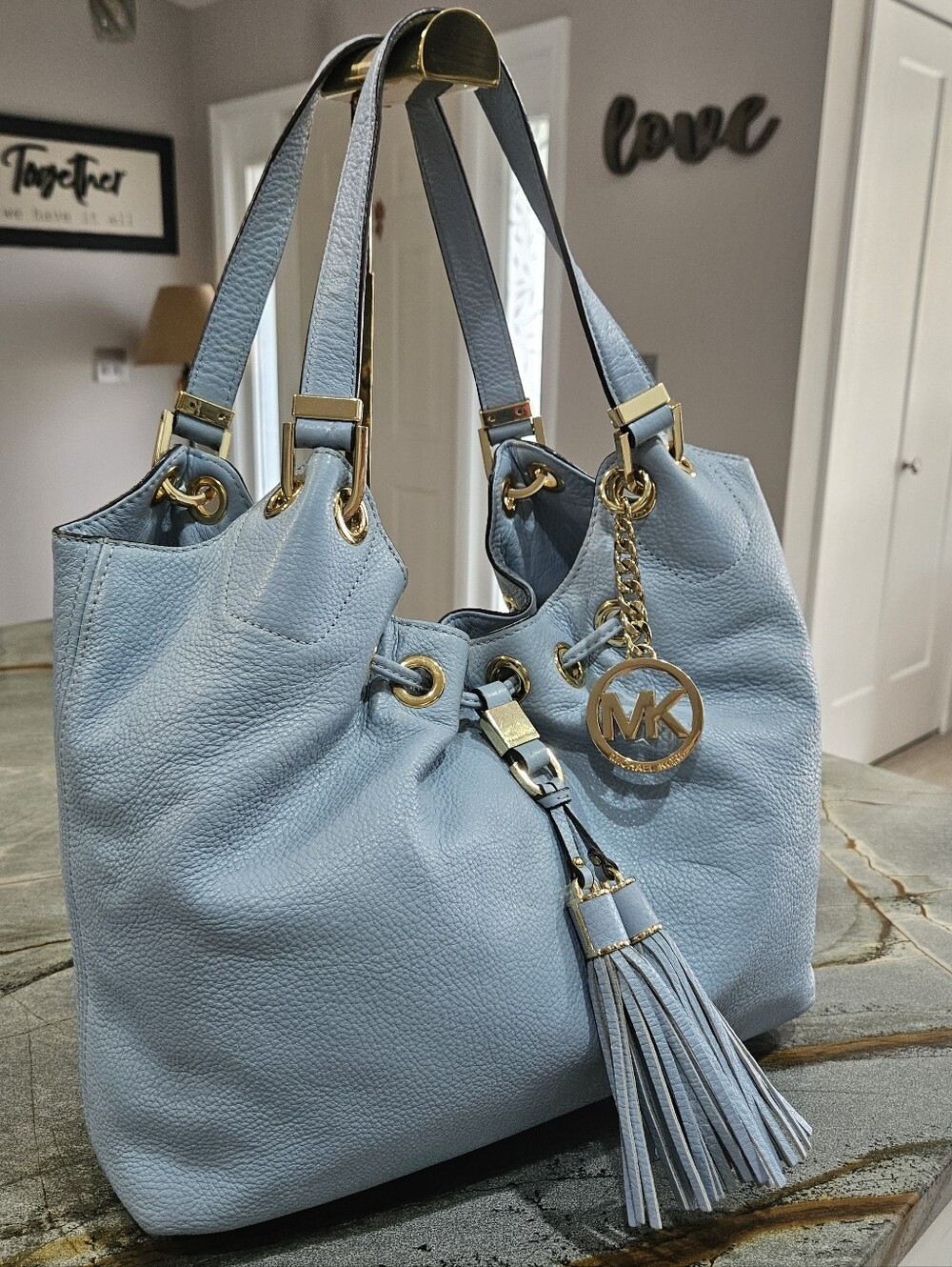 Michael Kors Camden Large Blue Pebbled Leather Drawstring Hobo Tassel Bag